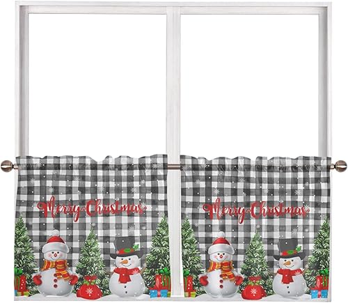 Miniatura 1 de Christmas Tree Curtains 24 Inch Length 2 Panels for Bedroom Semi Sheer Tier Curtain Window Treatment Black Plaid Snowman Snowflake Curtains Drapes