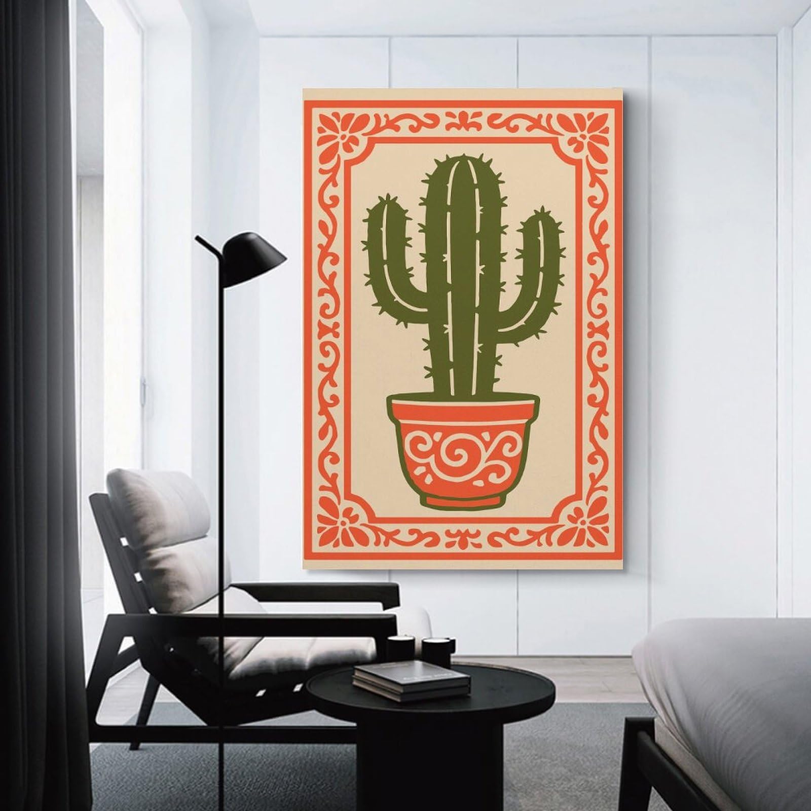 Junmoney Potted Cactus with Decorative Border Canvas Wall Picture 24x36inch(60x90cm), for Study, Office Or Focused Interiors, Home Office Artwork with Decorative Appeal