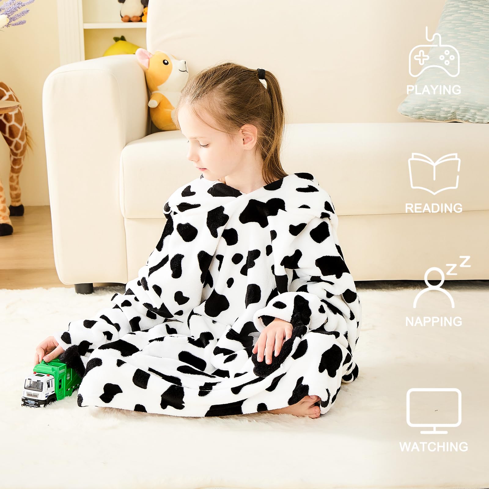 IFNOW Coperta indossabile con cappuccio per bambini, coperta oversize per adolescenti, felpa con cappuccio con animale con coperta pieghevole portatile