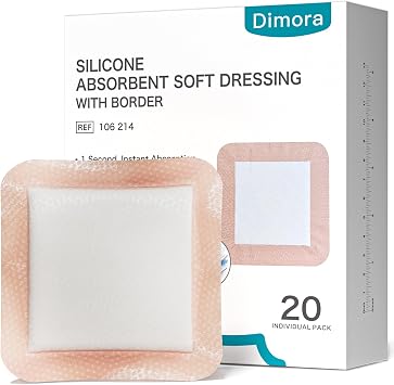 Dimora 20 Count Silicone Super Absorbent Wound Dressing - Gentle Border 5" x 5" Adhesive Bandages for Diabetic Foot Ulcers, Heavy Exudate Wound Care Pads with Ultrasorb Polymer