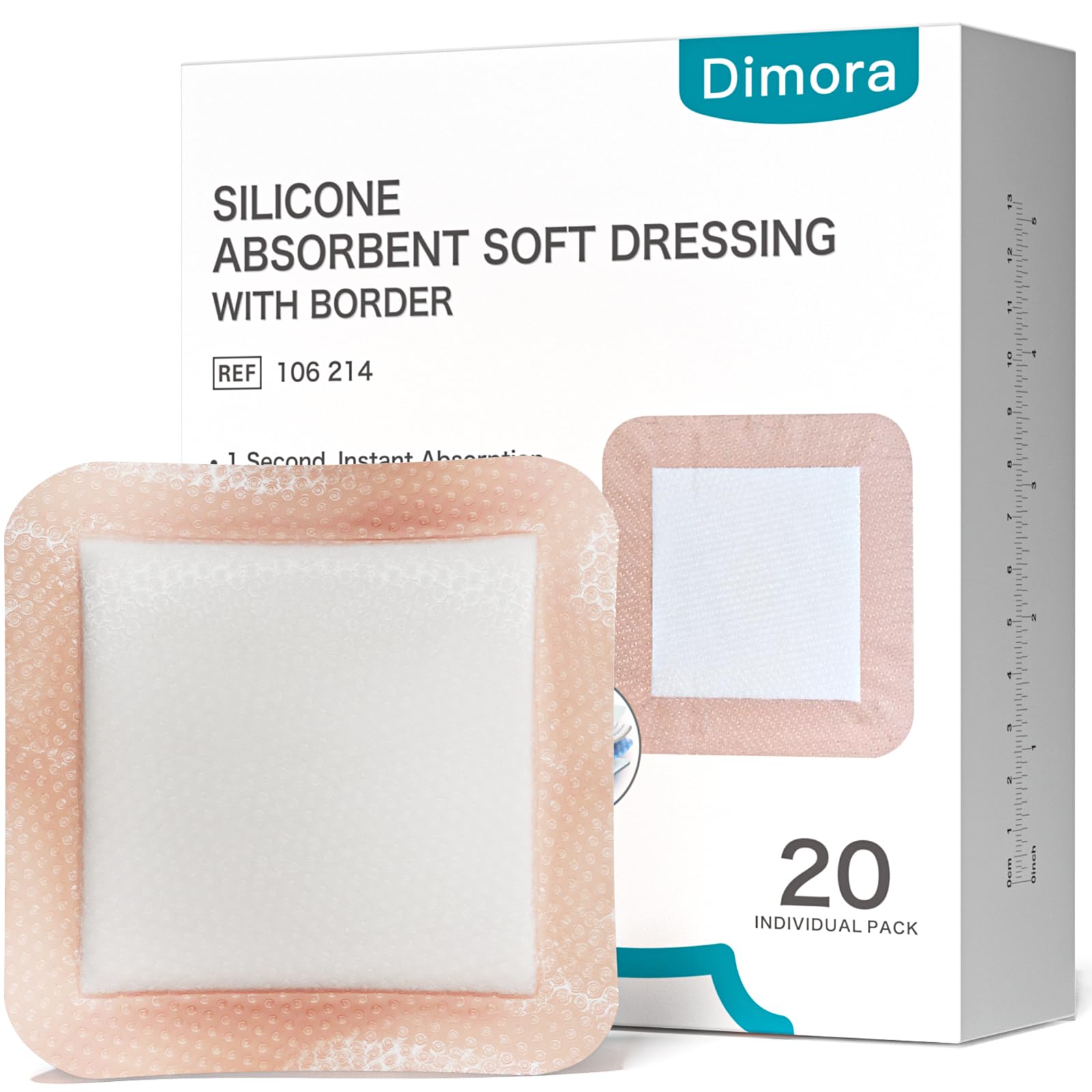 Dimora 20 Count Silicone Super Absorbent Wound Dressing - Gentle Border 5" x 5" Adhesive Bandages for Diabetic Foot Ulcers, Heavy Exudate Wound Care Pads with Ultrasorb Polymer