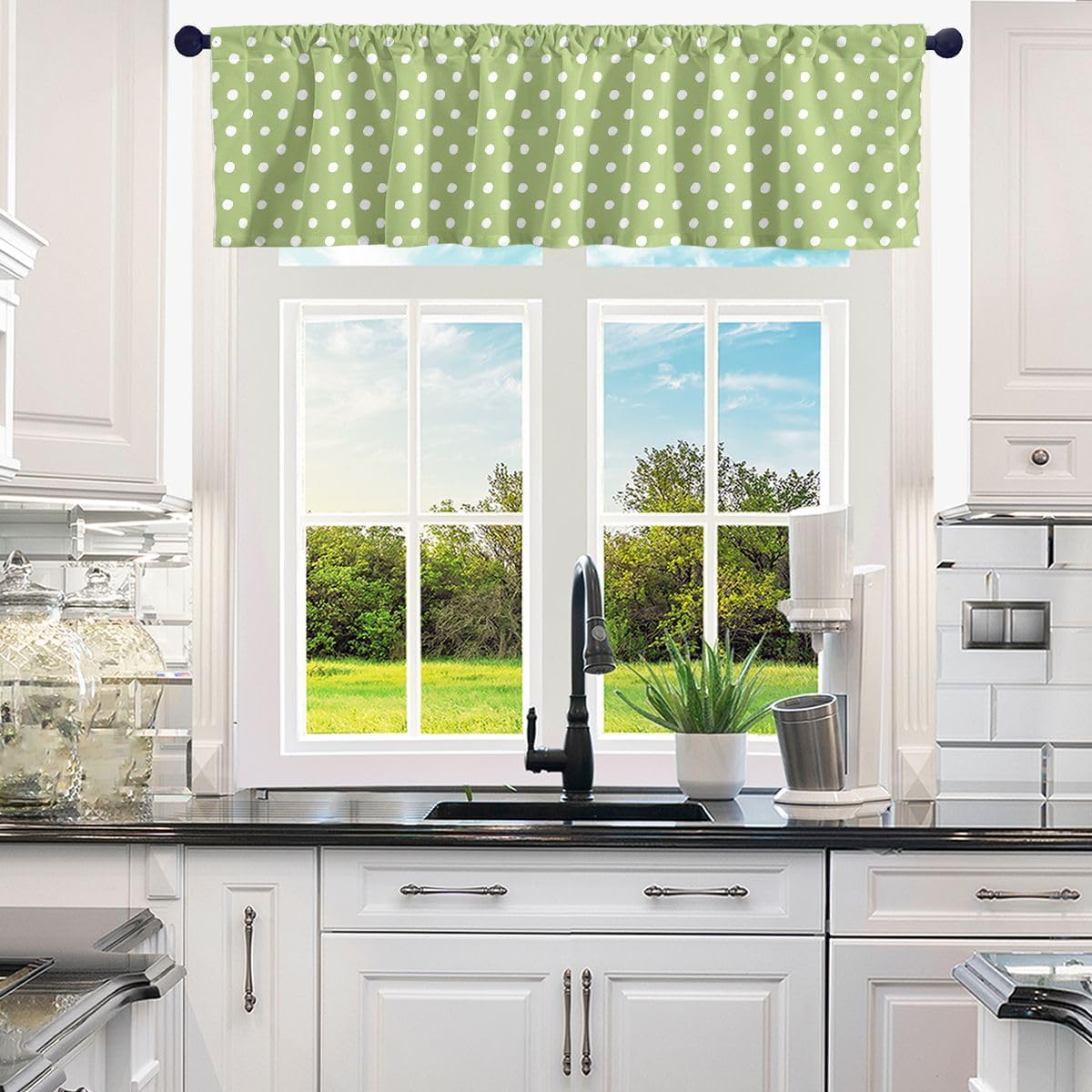 Homewish Polka Dot Valance Curtains,Light Green Dot Window Valances for Living Room Decor,Cute Cartoon Dots Blackout Window Treatments 1 Panel,Minimalist Style Kitchen Curtain Valance,52" L X 12" W