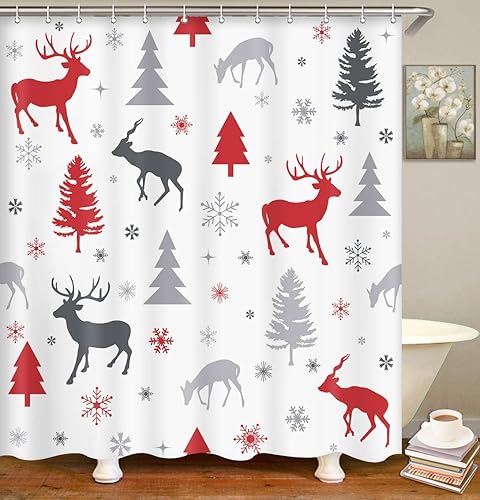 Miniatura 8 de ArtSocket Cortina de ducha con diseño de reno de 72 x 72 pulgadas, cortina de ducha con árbol de ciervo de Navidad, decoración de baño, tela de