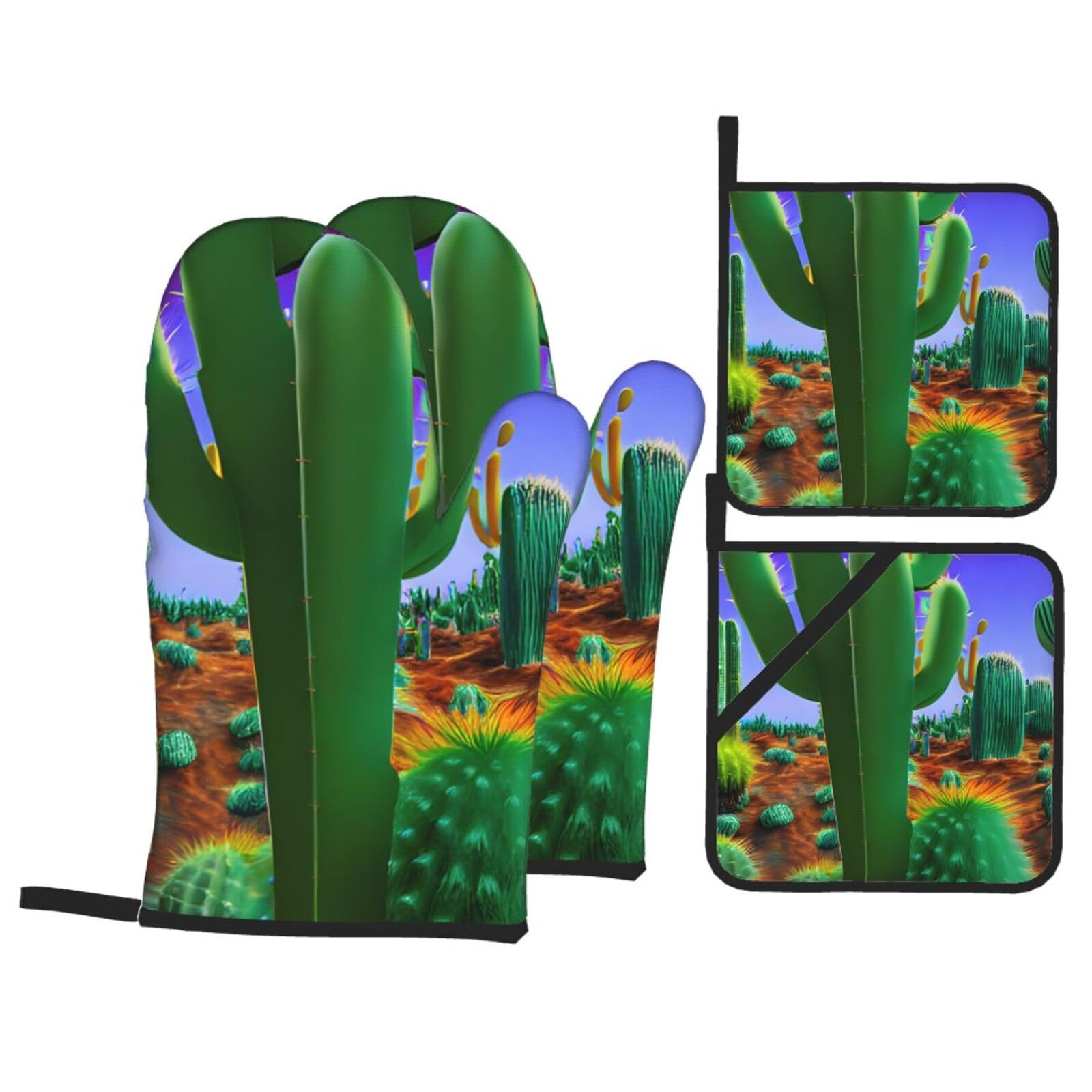 Cactus Desert Print 4-Piece Oven Microwaving Set Kitchen Gloves for Holiday Cooking Baking Grilling