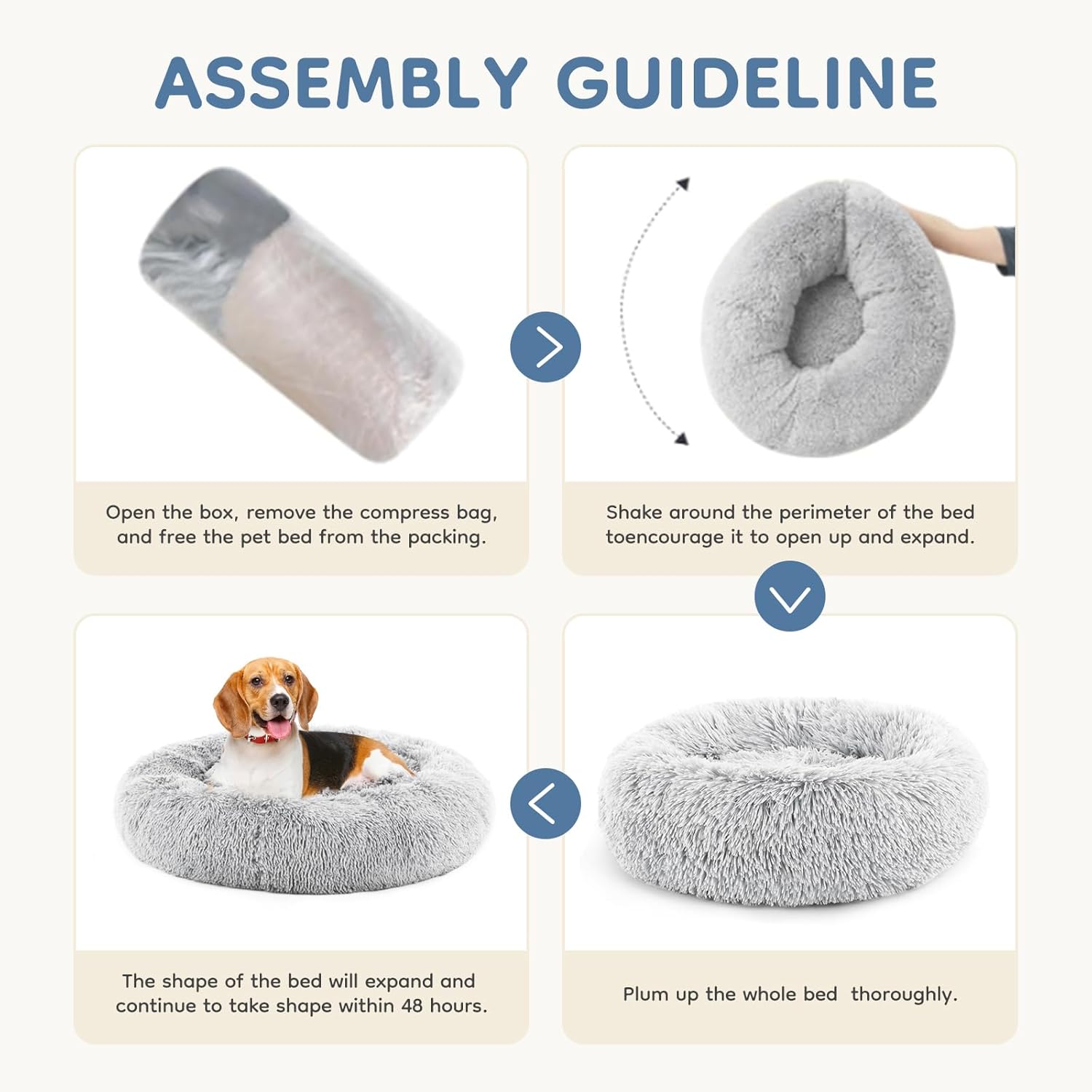 DUMOS 37.4x37.4 Inch Calming Donut Dog Beds for Large Dogs, Machine Washable Cuddler Warming Cozy Fluffy Faux Fur Plush Round Pet Bed, Anti-Slip Bed for Indoor Dogs and Cats, Grey