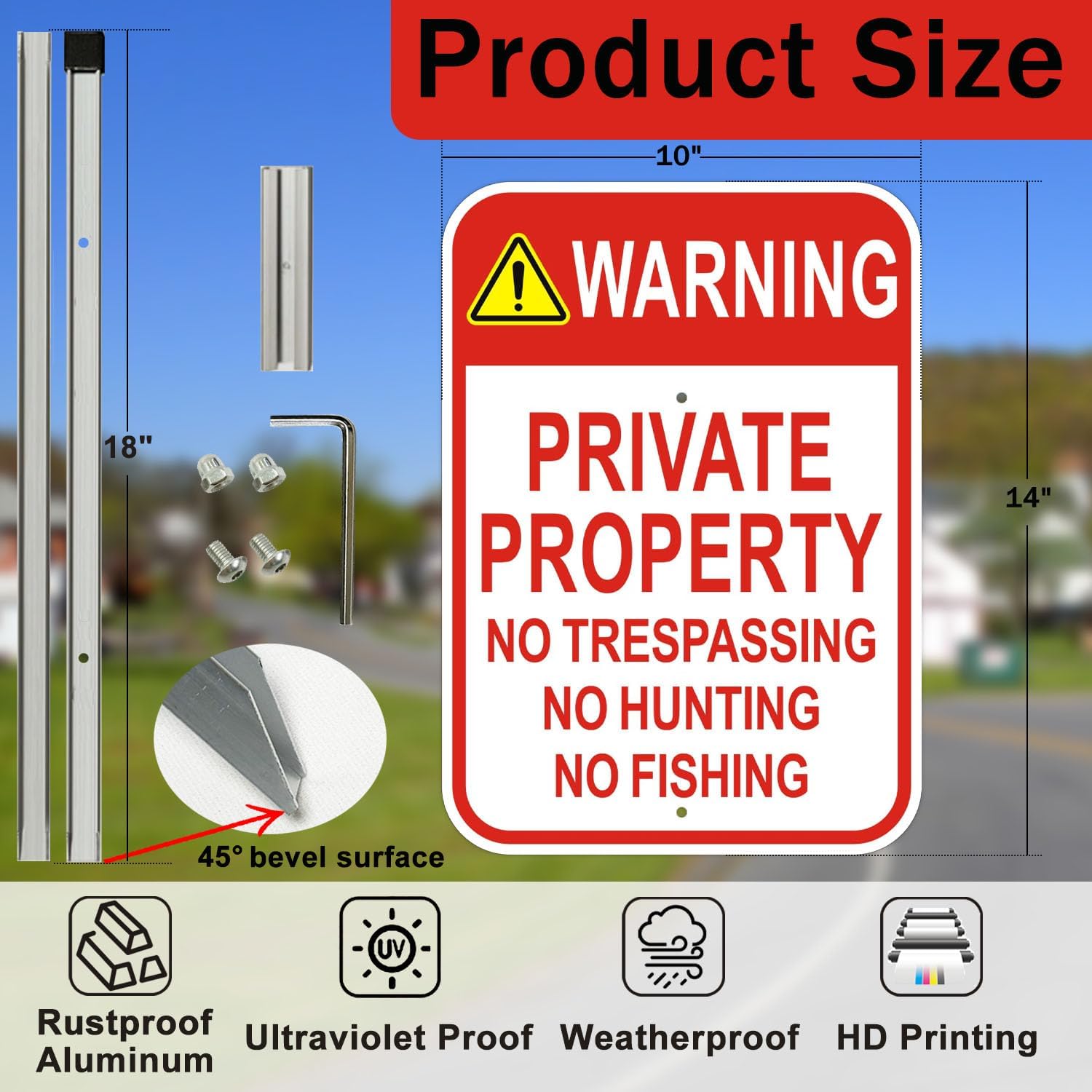2 Pack Private Property No Trespassing Signs with 36" Metal Stakes, 10x14 Inches, Reflective Aluminum, No Hunting No Fishing Signs