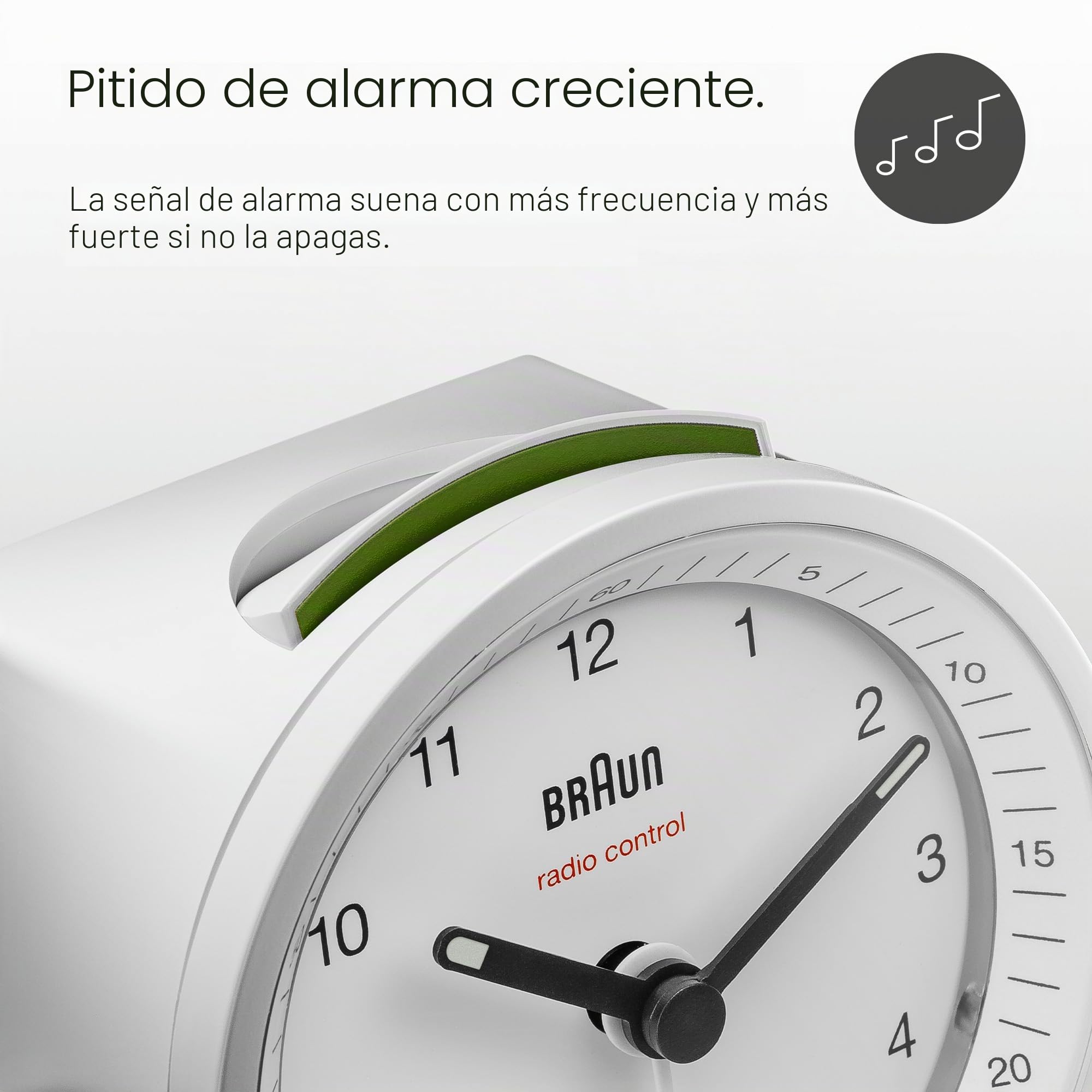Braun Classic Radio Controlled Analogue Alarm Clock For Central European Time Zone (DCF/GMT+1) with Snooze and Light, Quiet Quartz Movement, Crescendo Beep Alarm in White, Model BC07W-DCF.