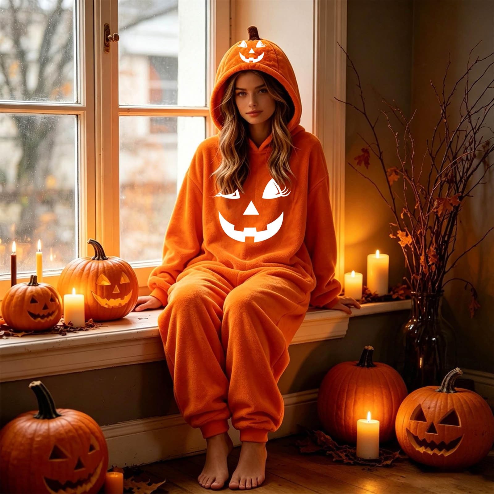 Pigiama Halloween Adulto Tuta Zucca Intera con Cappuccio Arancione Colore Arancione Vivace, Pigiama Zucca Halloween, Tuta Adulto con Cappuccio per Feste e Casa