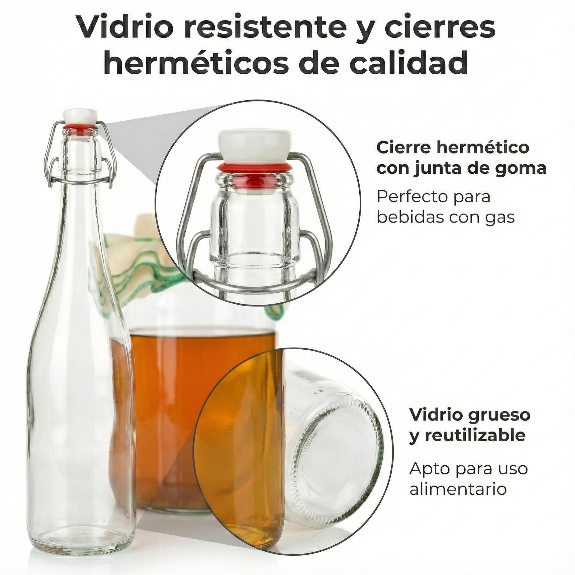 myFERMENTS - Kit Kombucha y Kefir | Bote Grande de 4 L | 6 Botellas de Vidrio con Cierre Hermético de 750 ml | Embudo y Muselina | para Todo Tipo de Bebidas Fermentadas