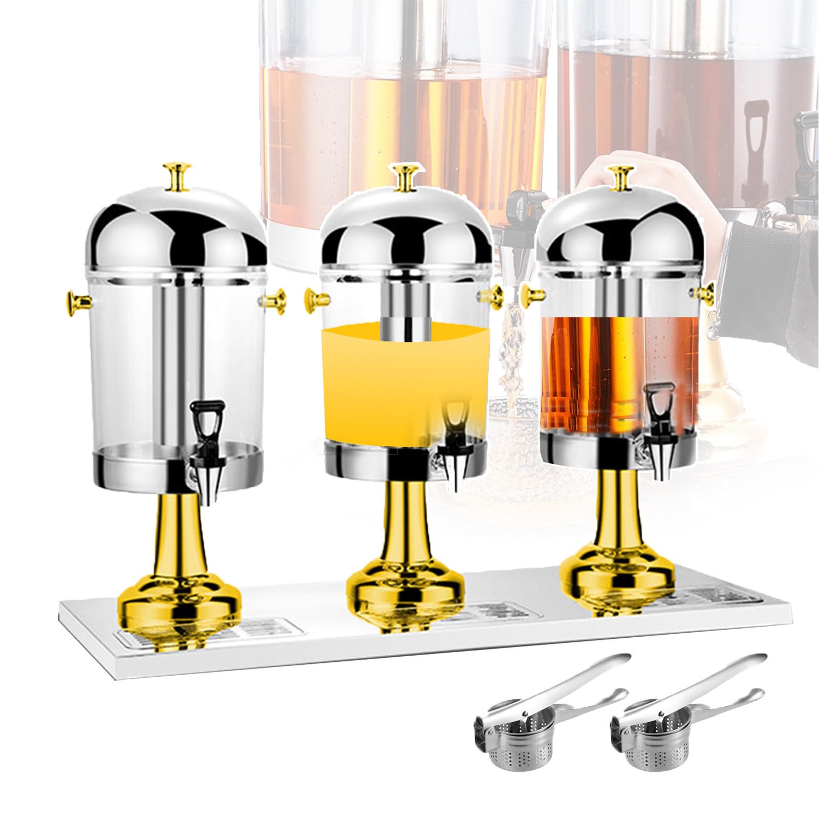 MYUYEE 24L Commercial Beverage Juice Dispenser | Cold & Warm Drink Dispenser With Tap | Chillers & Water Fountains Three Head Juice Dispensers For Flower Tea, Soy Milk, Coffee, Oils,Silver (Gold)