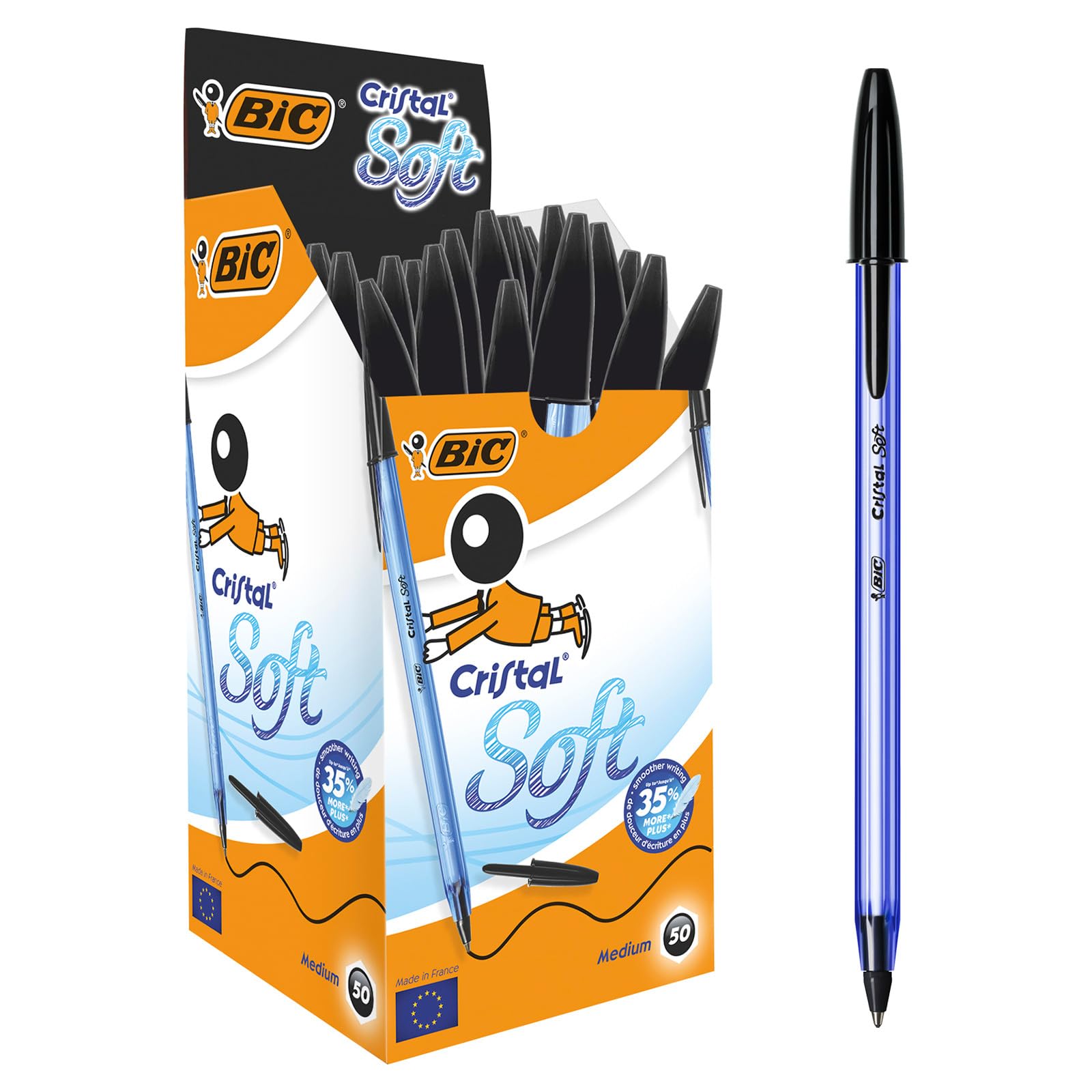 BIC Penne Nere a Sfera, Cristal Soft, Punta Media (1.2 mm), Confezione da 50, Fornitura Cancelleria Scuola e Ufficio