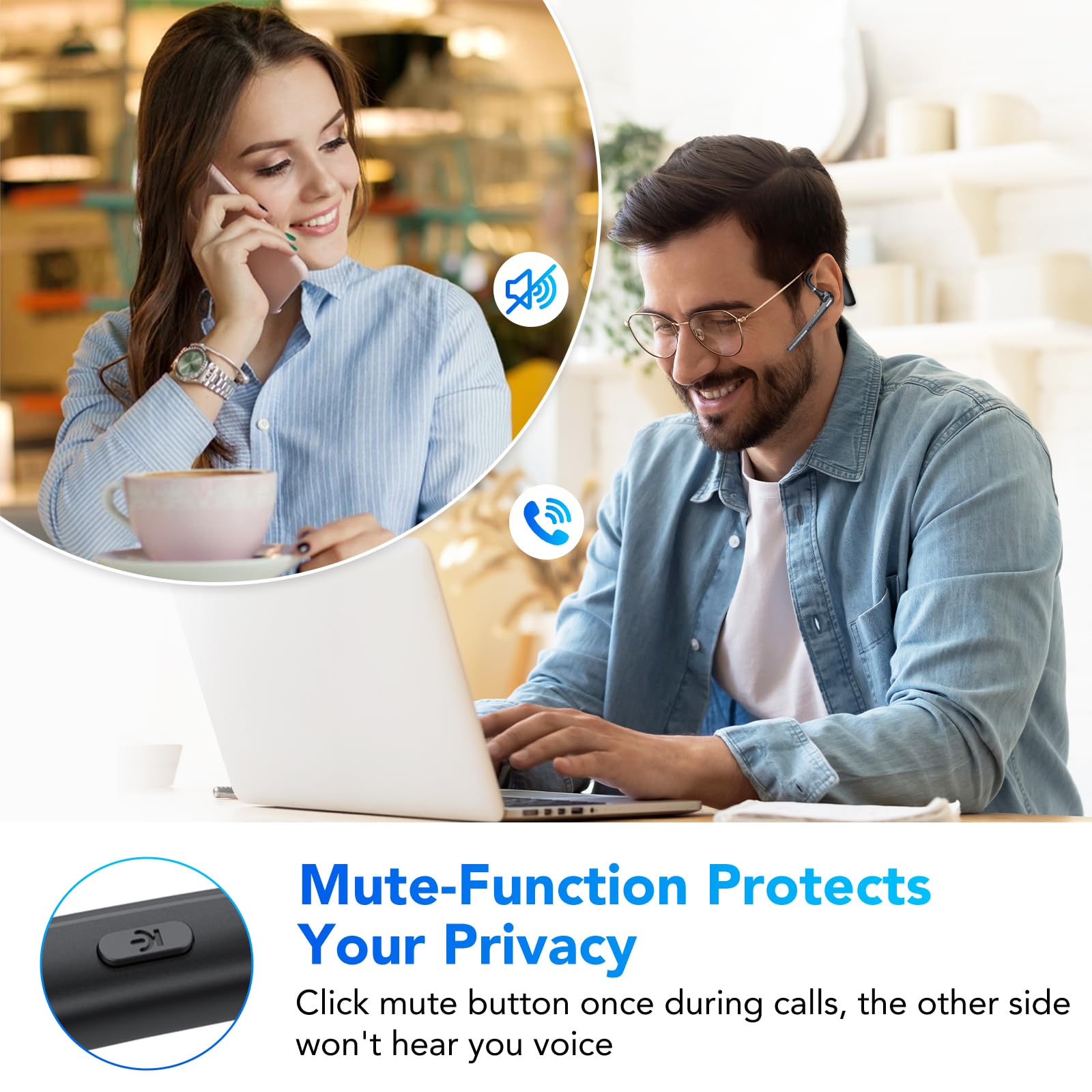 Auricolare Bluetooth V5.3, 60 Ore di Conversazione Cuffie Bluetooth Singolo con CVC8.0 ENC Doppio Microfono, Connessione a due Dispositivi, Display a LED, IPX7 impermeabile, Cuffie per la Guida/Affari