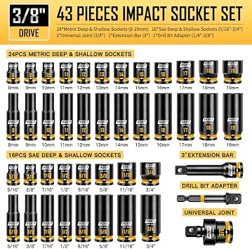 BOEN Pro 3/8 Drive Impact Socket Set, 43-Piece SAE(5/16-3/4) & Metric(8-19mm) set, 6-Point Deep & Shallow Kit with Deep Embossed and Painted Marking, CR-MO, Includes Extension Bar, Universal Joint
