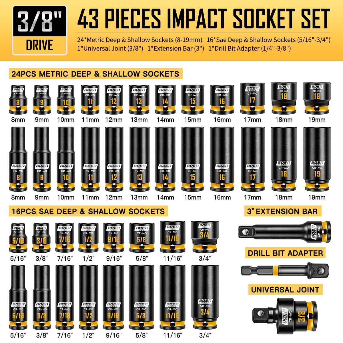3/8" Drive Impact Socket Set, 43-Piece SAE(5/16"-3/4") & Metric(8-19mm) Set - Image 3