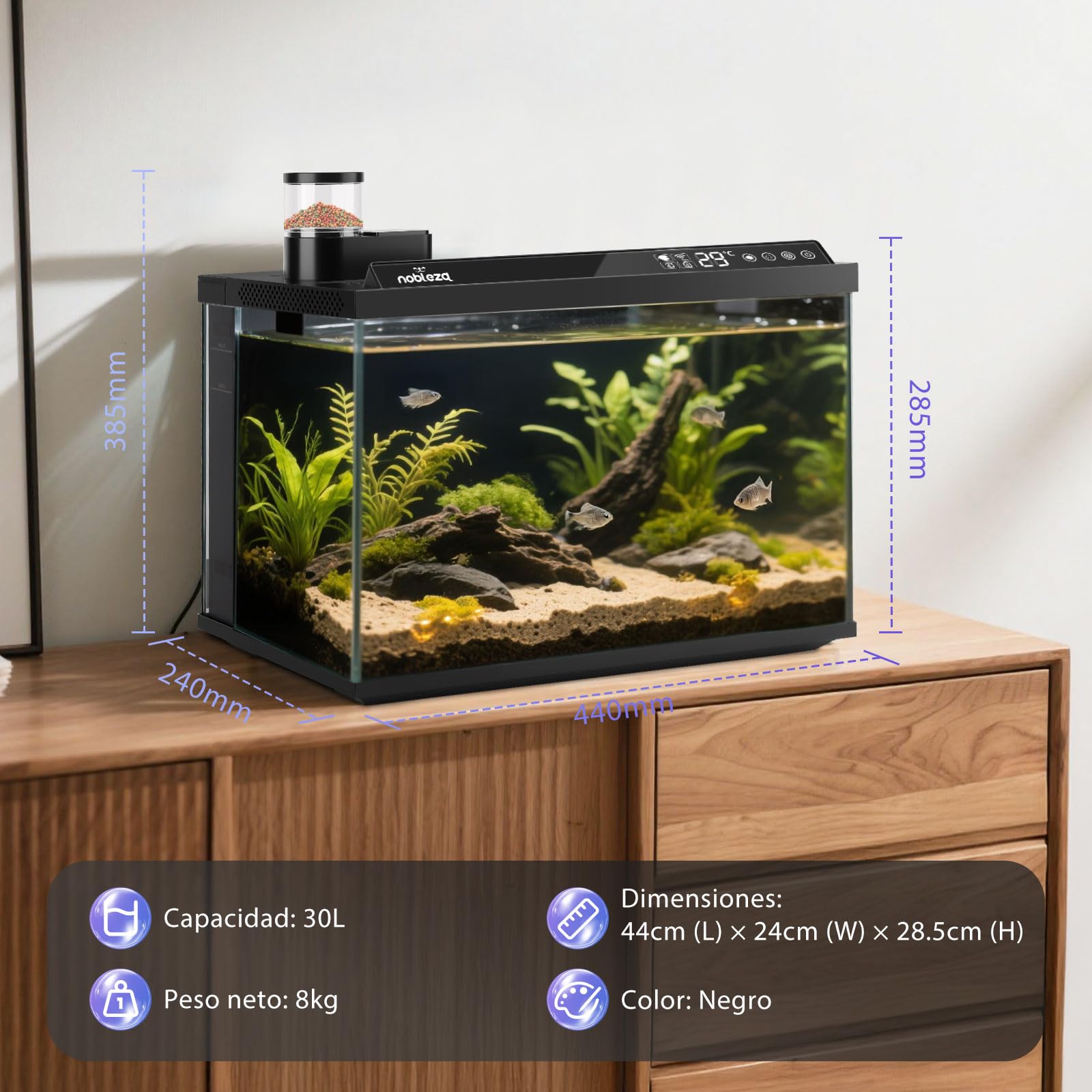 Nobleza Acuario Inteligente 30L - Control por App - Pecera Inteligente con Triple Filtración, Alimentación Remota, Drenaje Automático en 1 Toque - Color Negro