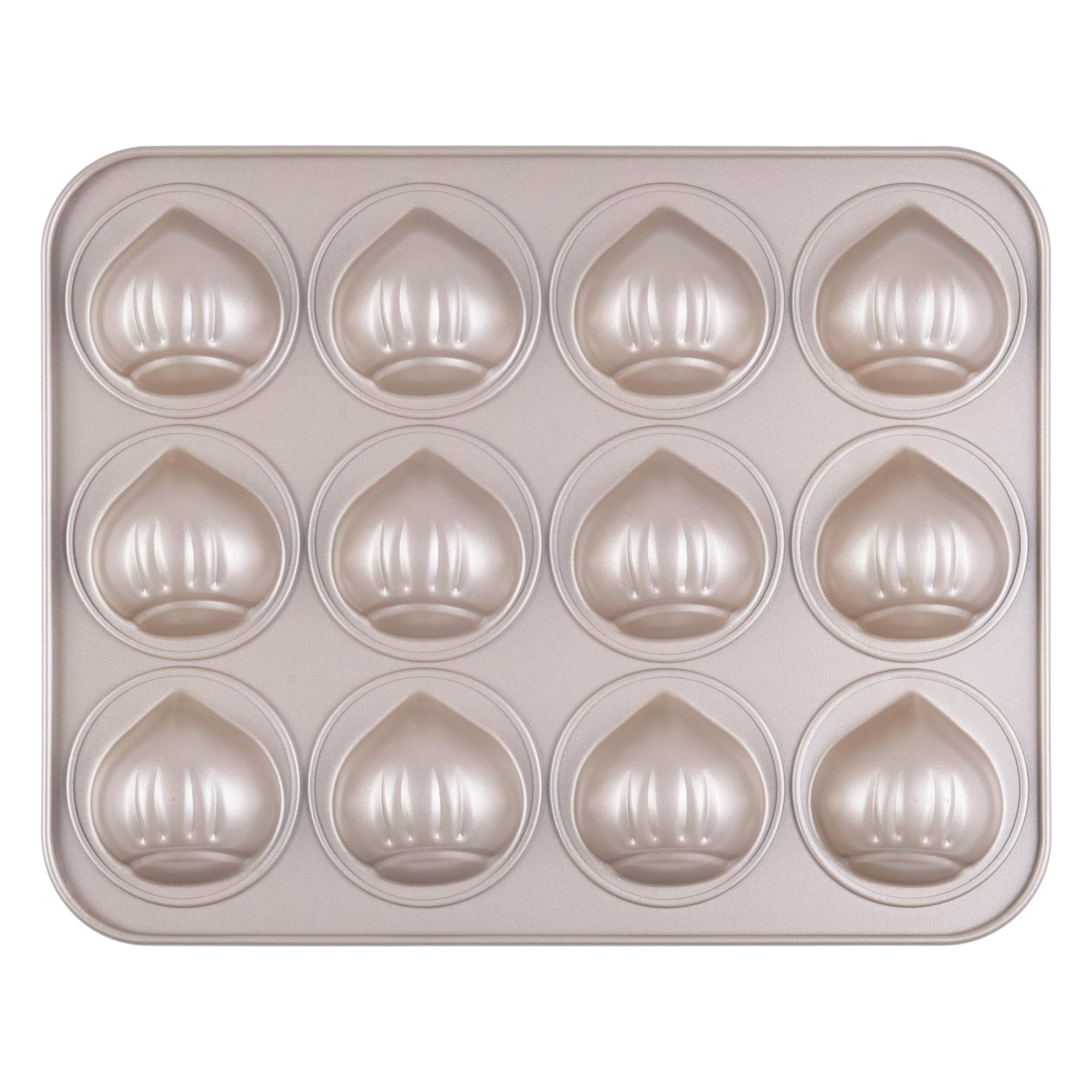 Muffin Cake Pan, Non-Stick 12-Cavity Chestnut-Shaped Bakeware for Oven Baking (Champagne Gold)