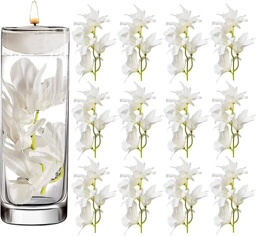 12 Pcs Artificial Orchid Flower, Floating Candle Centerpieces Vase Fillers | Floating Faux Flowers, 60 White Flower Head, Blooms In Water, For Wedding Table Centerpieces Birthday Party Home Decor