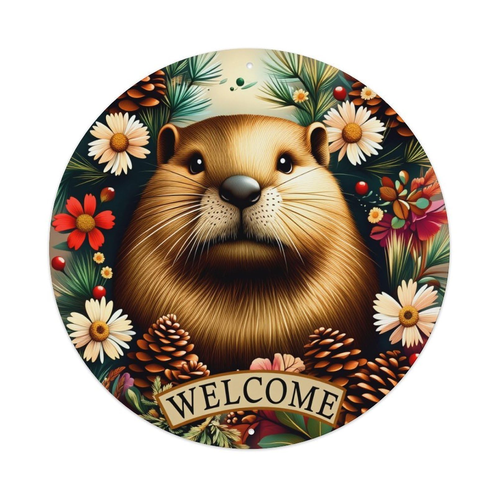 Welcome Otter Pinecone Flower Wreath Round Tin Sign Retro Metal Sign for Cafe Bar Pub Home Game Room Gym Club Wall Decoration Vintage Metal Poster 8x8 Inch