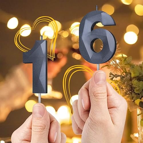 Miniatura 3 de Velas de cumpleaños con número (7 velas negras), con forma de diamante 3D, velas de pastel de feliz cumpleaños para fiesta de cumpleaños, boda,