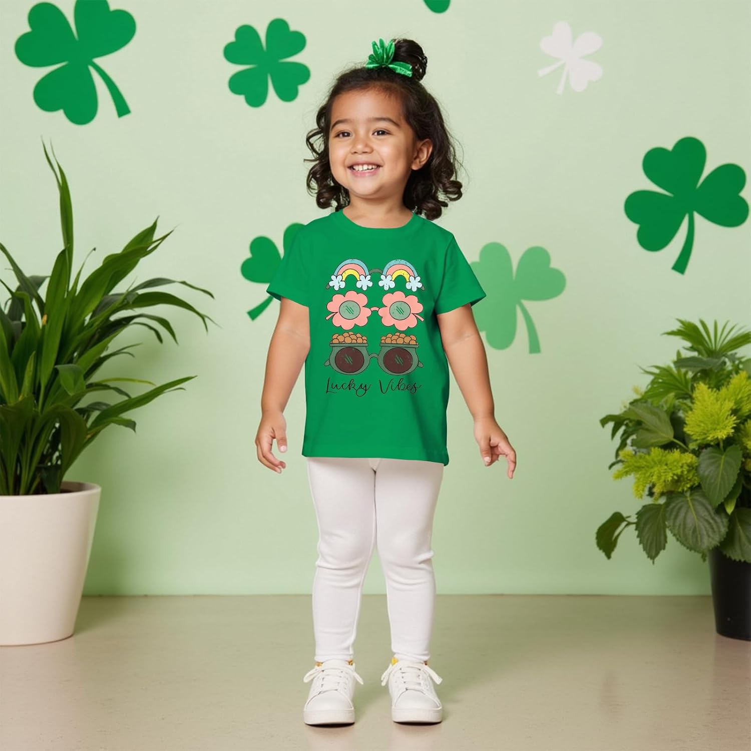 GLIGLITTR Toddler Baby Girls St. Patricks Day T-Shirt Lucky Vibes Clover Rainbow Tee Irish Shamrock Graphic Short Sleeve Tops