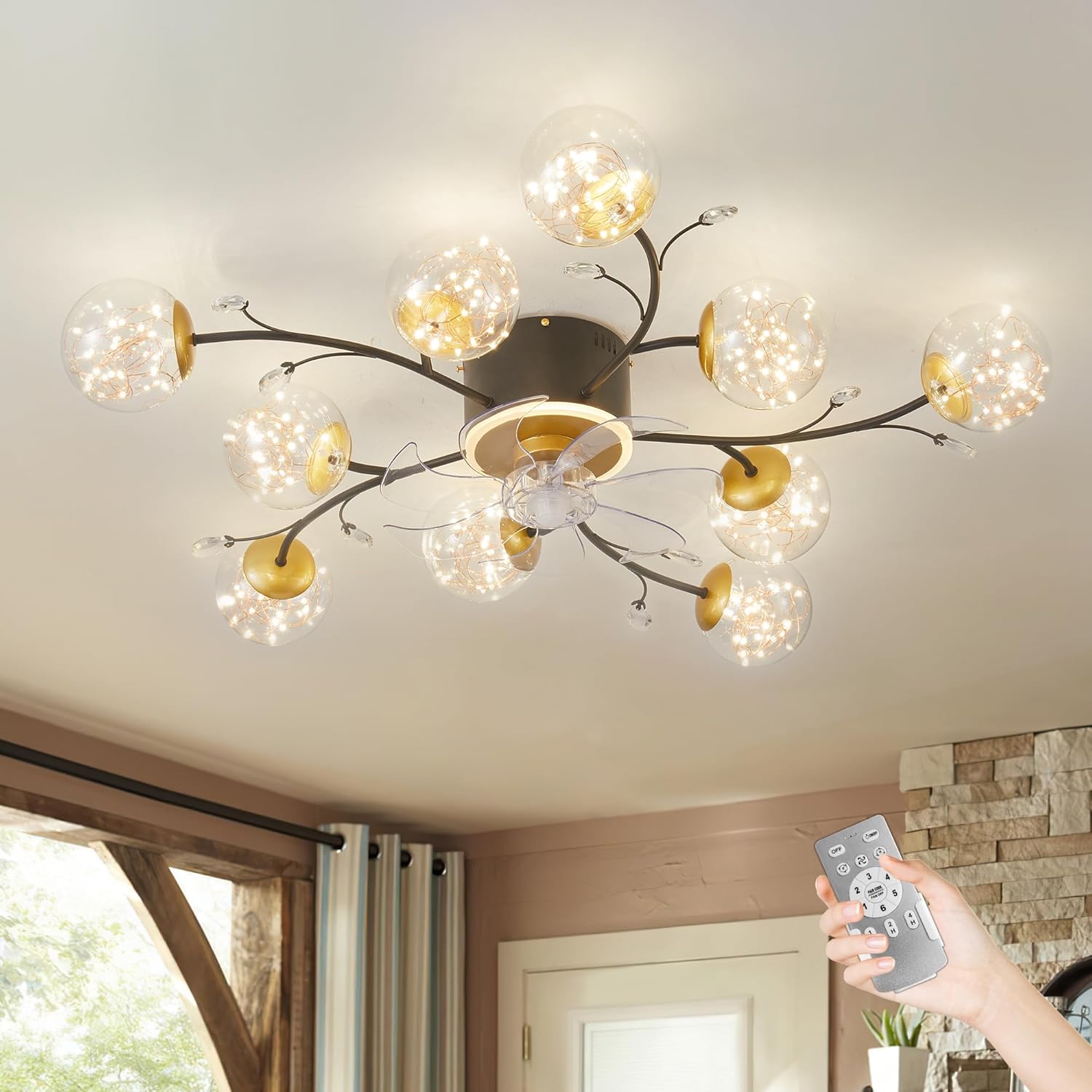 Wansi Shine Gold Fandelier Flush Mount Modern 10 Light Clear Globes