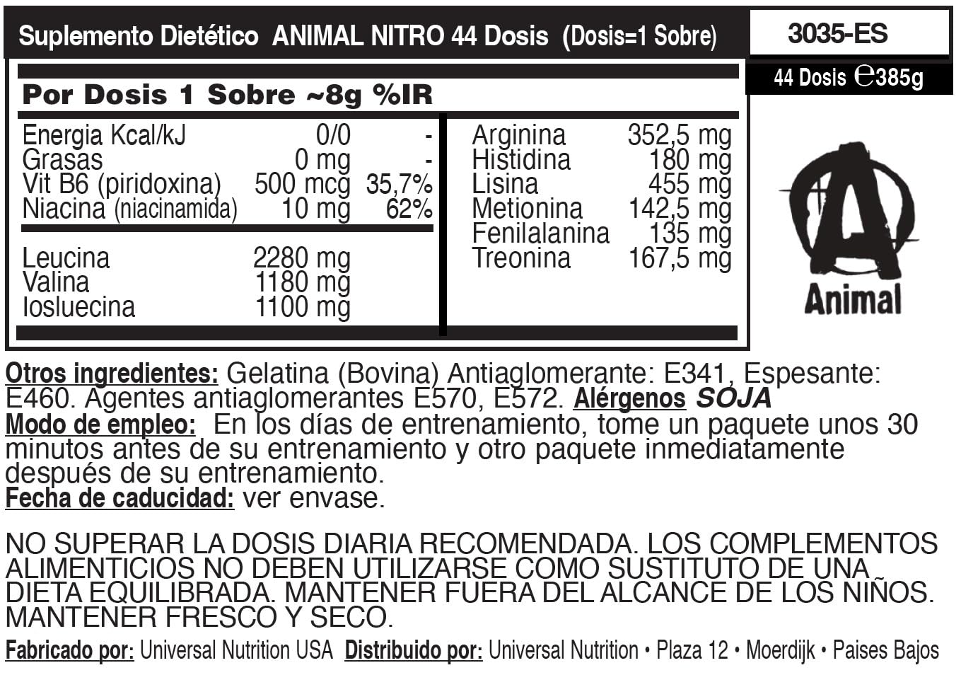 ANIMAL Nitro - aminoácidos EAA y BCAA para el desarrollo muscular y la regeneración - Aminoácidos esenciales para el fitness, el culturismo y los entrenamientos intensivos - 44 envases.
