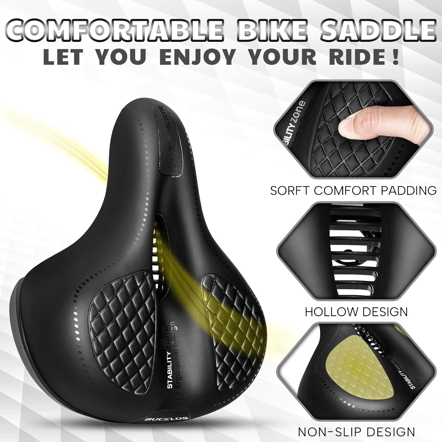 BUCKLOS Comfortable Bike Seat Cushion for Men Women Wide Bicycle Saddle Soft Memory Foam Padded Replacement Seats Fit for Peloton, Exercise Bikes, Ebike,Cruiser