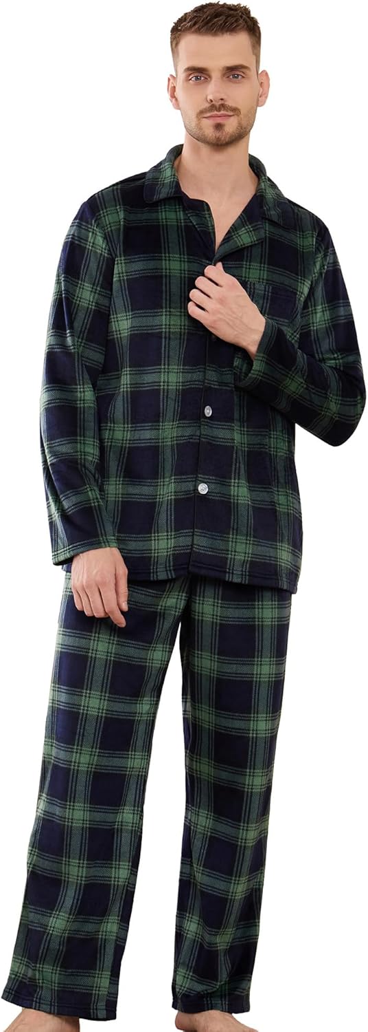 Vulcanodon Mens Pajama Set Soft Button Down Classic Lapel Comfy Long Sleeve Pajamas for Men Lounge Plaid Pjs Set with Pockets