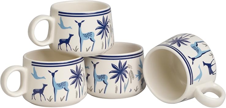 Servo Best Handmade Cermaic Tea Cup Set of 4-5 Oz Small Cups for Espresso, Cappuccino, Tea, Chai Dishwasher & Microwave Safe Gift Set for Coffee Lovers, Kitchen, Home, Office - Blue Jungle