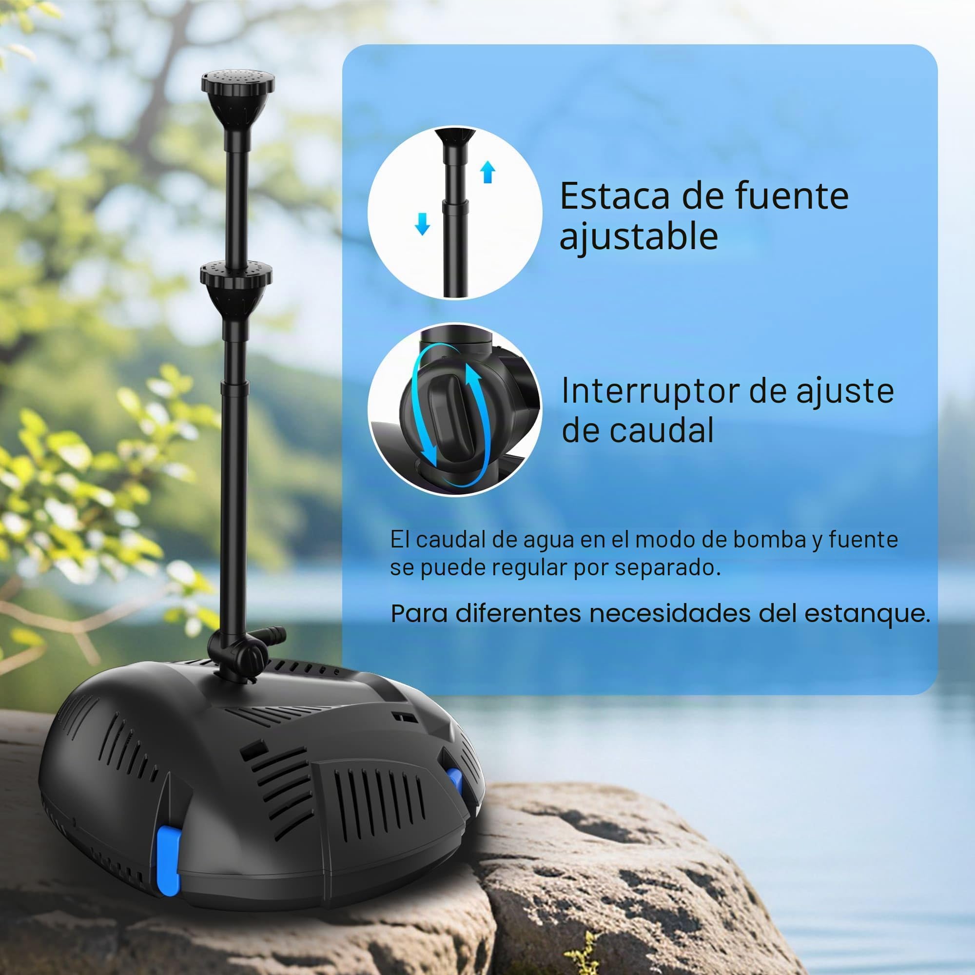 Biling 50W Bomba de filtro solar para estanque con filtro 2100 L/H Bomba de filtro solar para estanque con 3 boquillas y regulador de flujo 8m de cable para estanque de jardín Pequeño estanque de