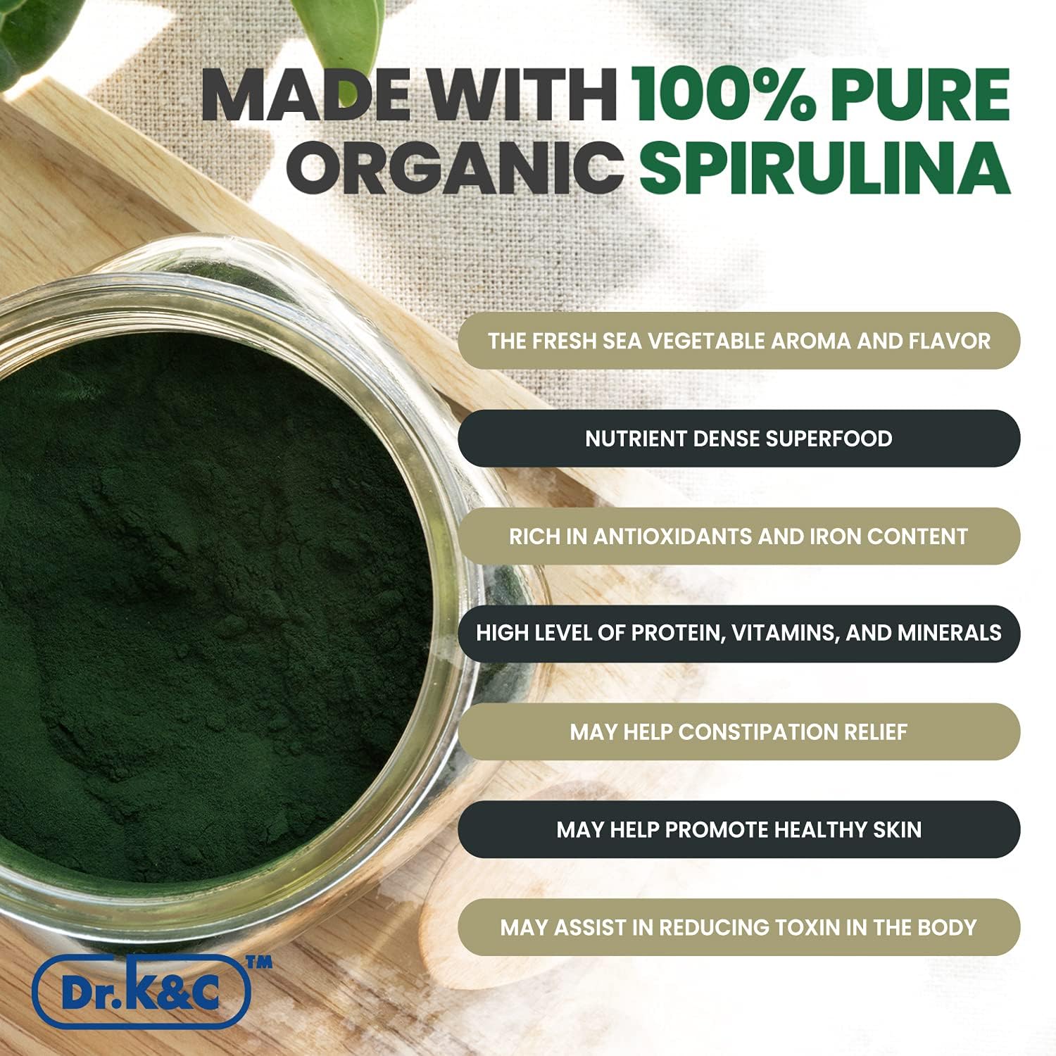 Dr.K&C Organic Spirulina Superfood Supplement – Pure Natural Blue Green Microalgae 600 mg 240 Veggie Capsules Health Immune System Antioxidants Protein Fiber No Filler Non GMO Vegan 2pk