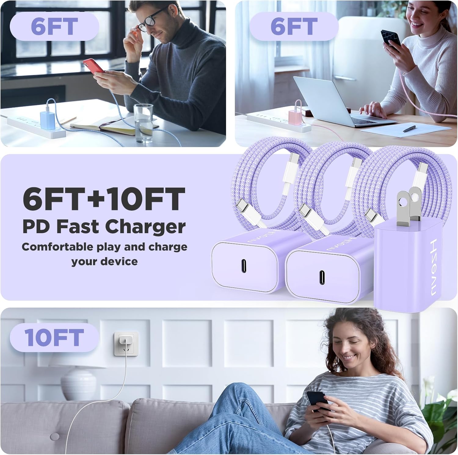 Fast Charging for iPhone 15 16 Pro Max Charger Colorful, 3Pack 20W USB C Fast Chargers Block with 6/6/10ft Long USB C to C Braided Cable Compatible with iPhone 16/15 Pro/15 Plus/Pad Pro 13/12.9,Purple