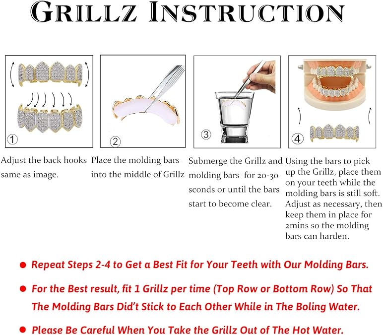 TOPGRILLZ Vampire Teeth Grillz - Grills for Your Teeth, 14K Gold Plated Vampire Fangs Open Face Gold Grillz for Men Women Hip Hop Cosplay Rapper Costume Accessory (Extra 2 Molding Bars)