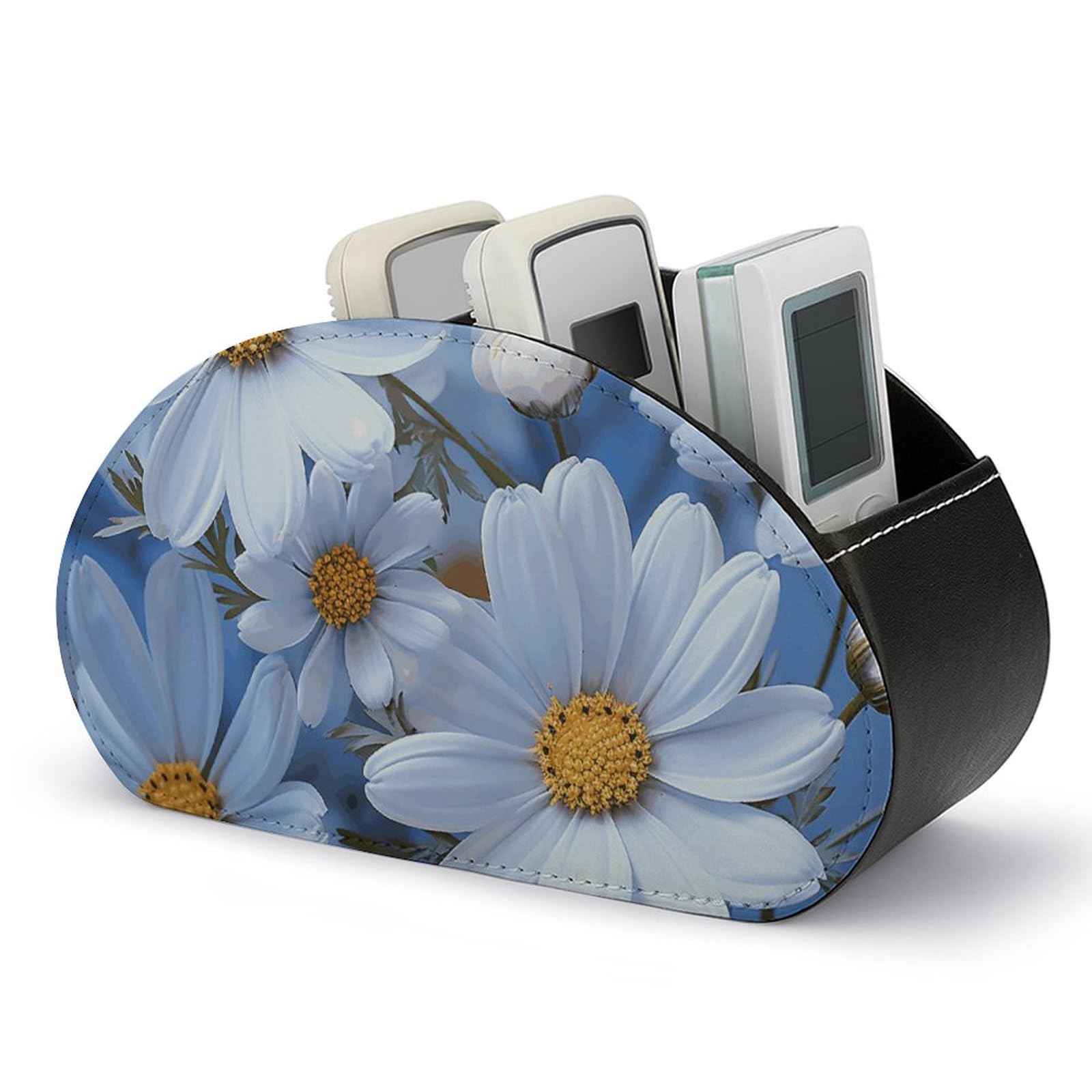 JTREHY PU Leather Remote Control Holder, Daisy Blue Printed Desktop Caddy Storage with 5 Compartments, Fits TV Remotes, Media Controllers, Office Supplies, Makeup Brush