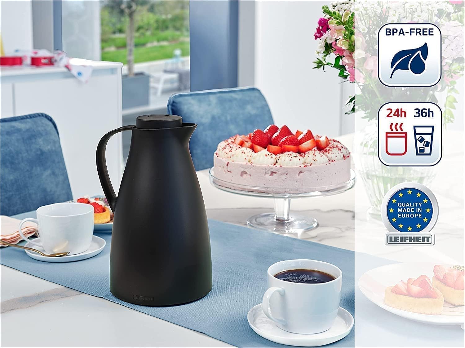 Leifheit Pichet isotherme 1L Harmonic, Pichet thermos café et thé 100% étanche, Thermos café chaud jusqu'à 24h, ouverture fermeture et versement d'une seule main, thermos design sans BPA, noir