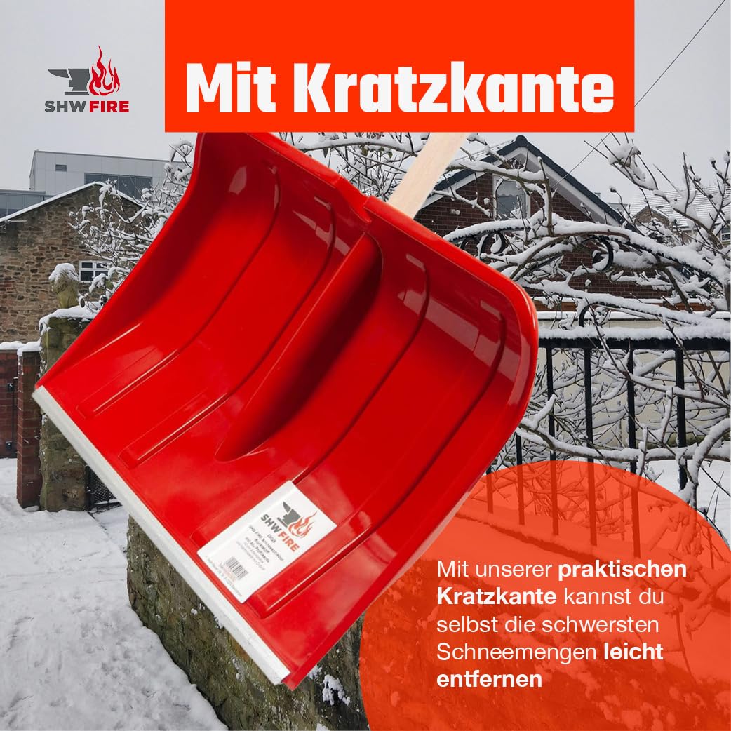 SHW-FIRE | Schneeschieber 50 cm breit, robuster Holzstiel, Schaufel aus Kunststoff, und Aluminiumkante, Schneeschaufel optimal für Schnee räumen auf Gehwegen & Einfahrten | Made in Germany