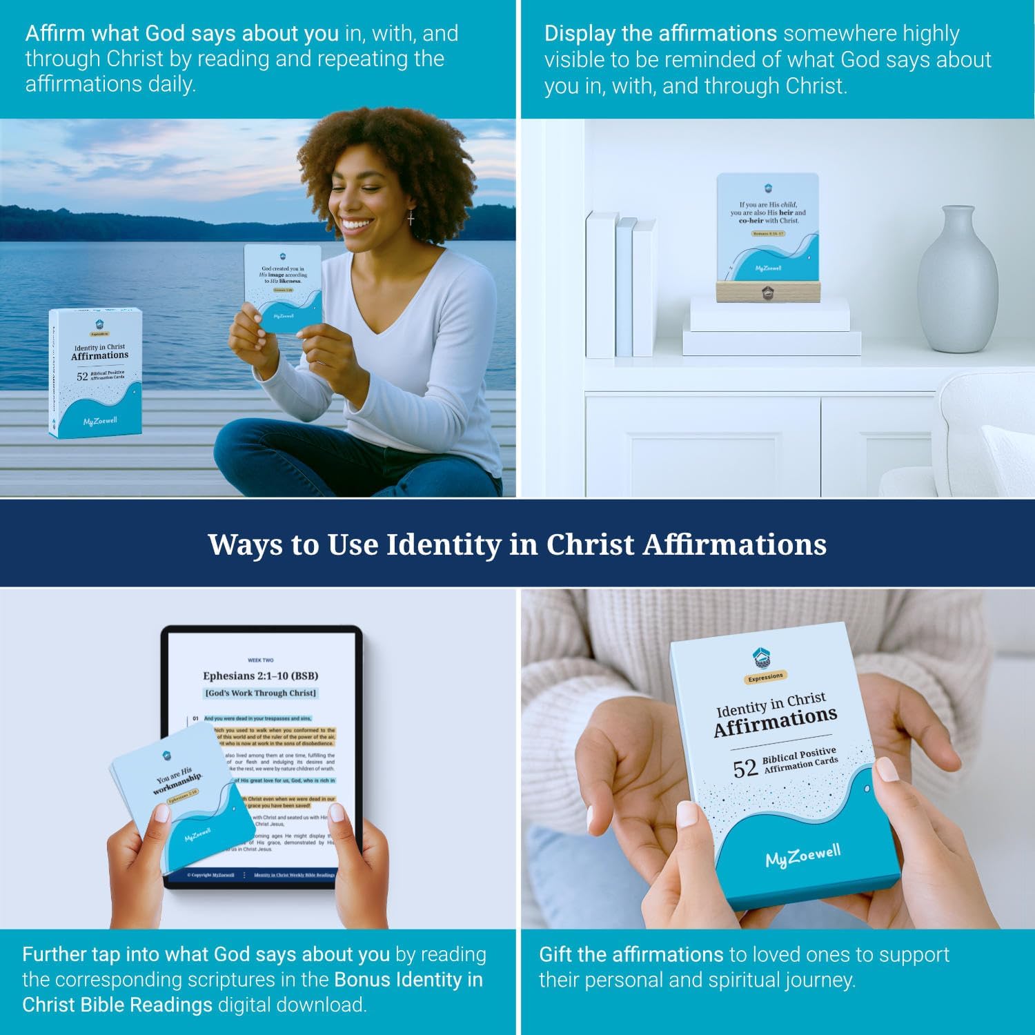 Identity in Christ Affirmation Cards: 52 Biblical Declarations + Wooden Stand + Keepsake Box | Mothers Day Gift | Graduation Gift | Christian Encouragement Cards | Daily Devotional Cards | God Says You Are Gifts for Women, Men, and Teens | Faith-Based Gifts