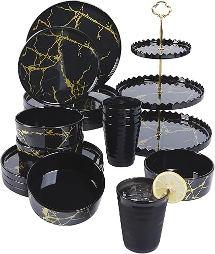 Zog Juego de vajilla de melamina para 4 20 platos de camping con platos de cena, platos de ensalada, tazas y cuencos. Uso en interiores y