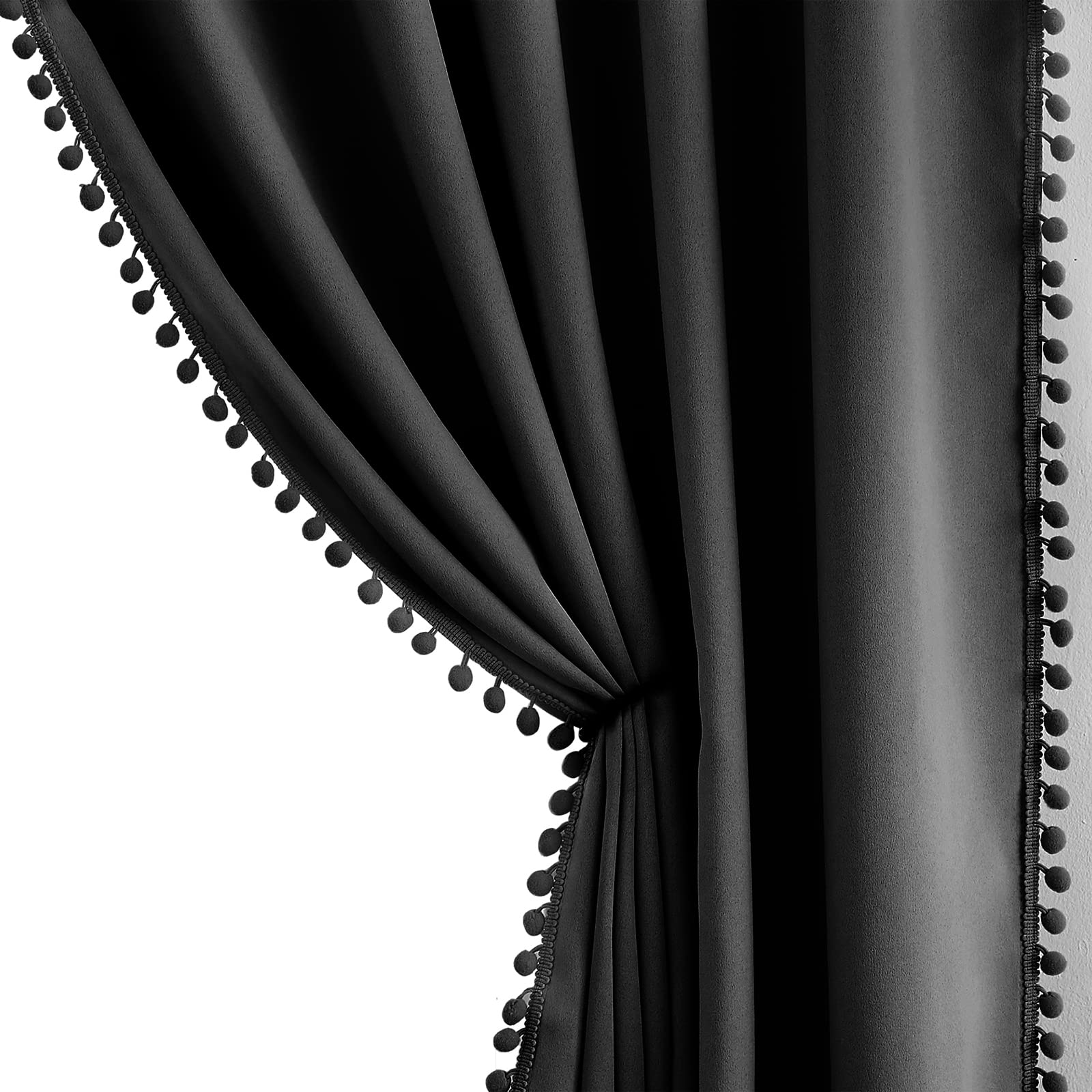 Black Blackout Curtains for Living Room 72 Inch Pencil Pleat Tape Top Pom-Pom Bedroom Curtains Triple Weave Thermal Insulated Noise Reducing Windows Drapes for Nursery Room Studio Hotel 50" wide 2pcs