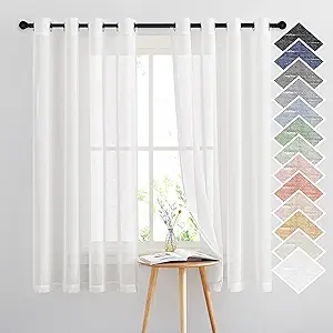 NICETOWN White Linen Sheer Curtains 63 inch Length, Vintage Grommet Linen Textured Semitransparent Privacy Window Treatment Light Filtering for Living Room, 52" W x 63" L, Set of 2