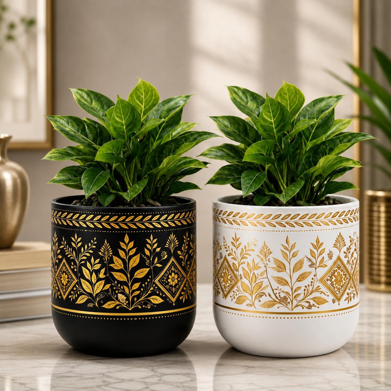 Metal Planter Pot with Gold Floral Print, Set of 2 | Black & White Colors, Boho Ethnic Design, Indoor Plant Pot, Decorative Finish, Home Decor-image-9
