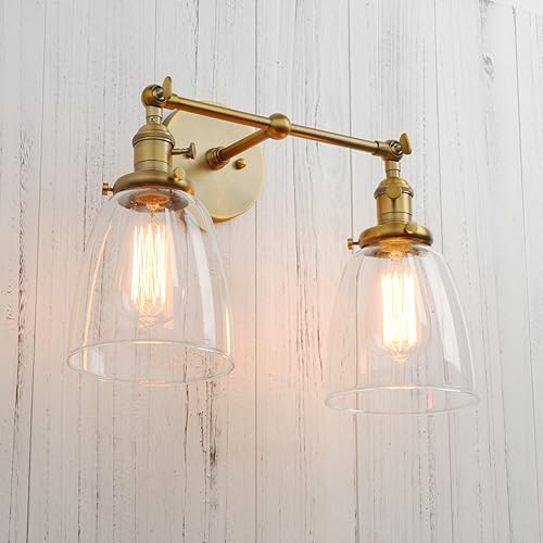 Miniatura 3 de Permo Aplique doble vintage industrial antiguo 2 luces apliques de pared con cono ovalado pantalla de vidrio transparente (antiguo)