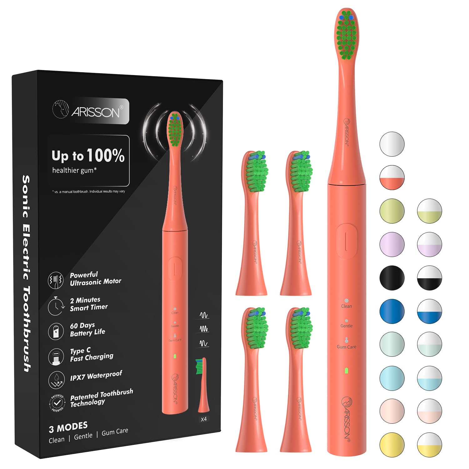 Arisson Sonic Electric Toothbrush for Adults and Kids with 4 Brush Heads, Type C Fast Charging, 40,000 VPM, 3 Mode with 2 Minutes Smart Timer, 1.6 Oz-Peach Orange-image-46