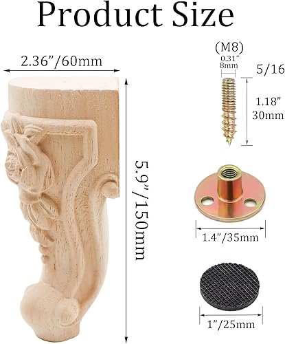 Miniatura 6 de INKNOTE Patas de muebles de madera tallada maciza sin terminar, estilo europeo, pies de repuesto para muebles, muebles, gabinete, armario, sofá