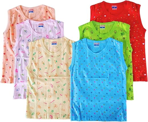 SUNUO Kids Sleeveless Cotton Vests, Multicolor Printed Jhabla, Pack of 6