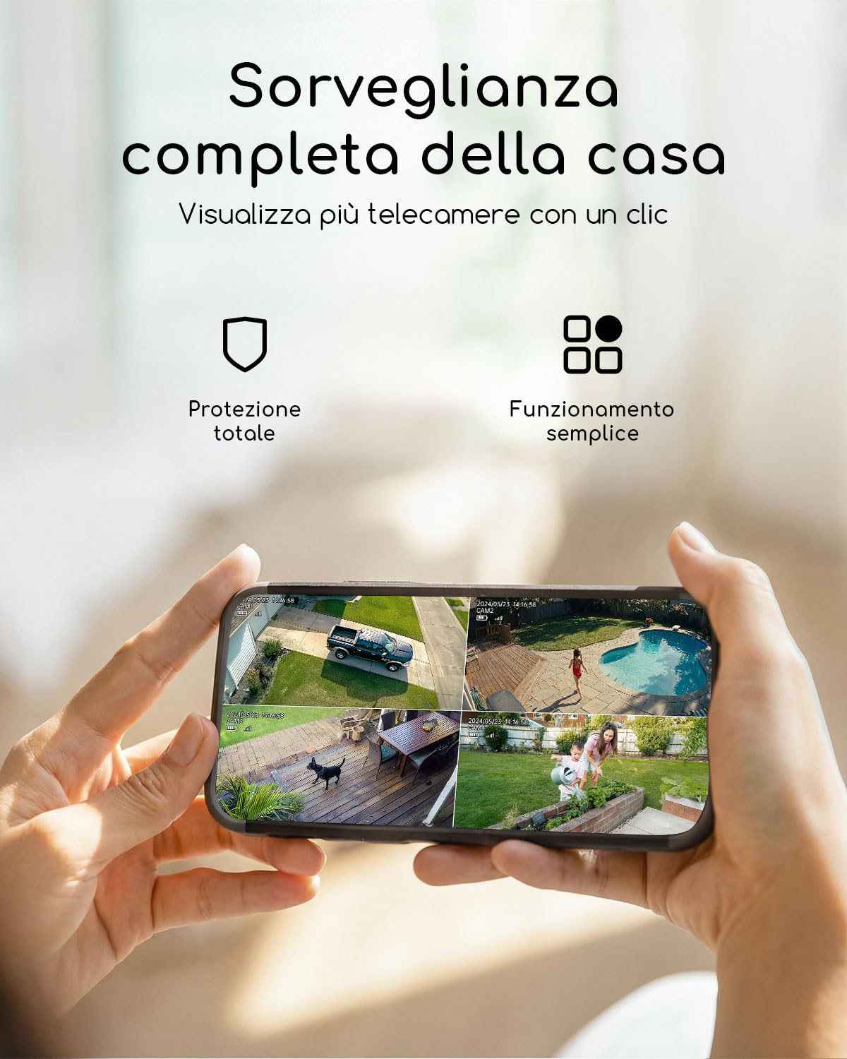 COOAU 4MP kit Telecamera Wi-Fi Esterno con Pannello Solare, 64GB Card Incluse, Wi-Fi 6 Dual Band(2.4GHz & 5GHz), Visione Notturna a Colori, Senza Abbonamenti, Adatta per Interni ed Estern, IP66, Cloud