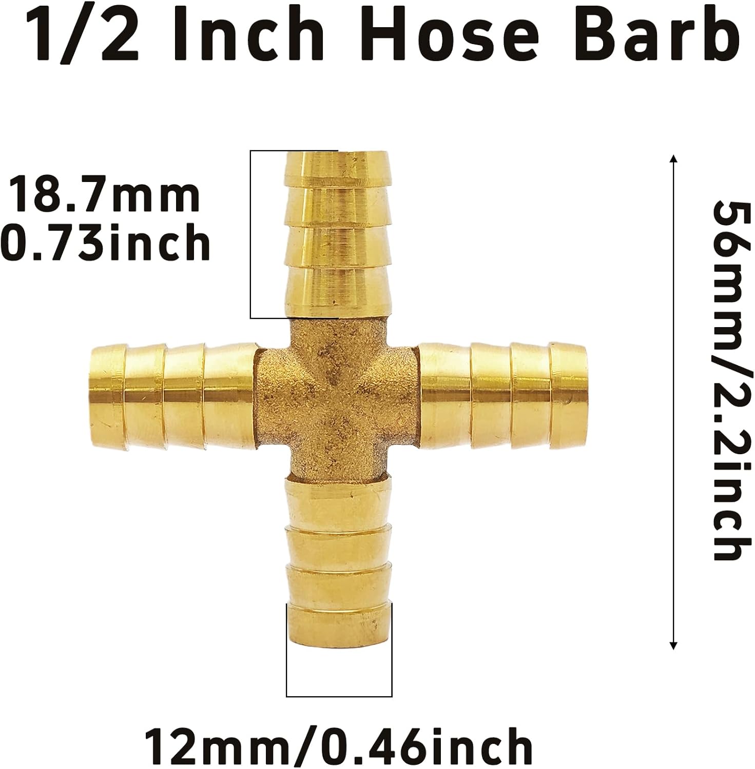2Pcs 1/2Inch 4 Way Brass Hose Barb, Cross Brass Barb Connector Fitting with 8Pcs Hose Clamps for Fuel, Air, Water, Oil, Gas(12mm)