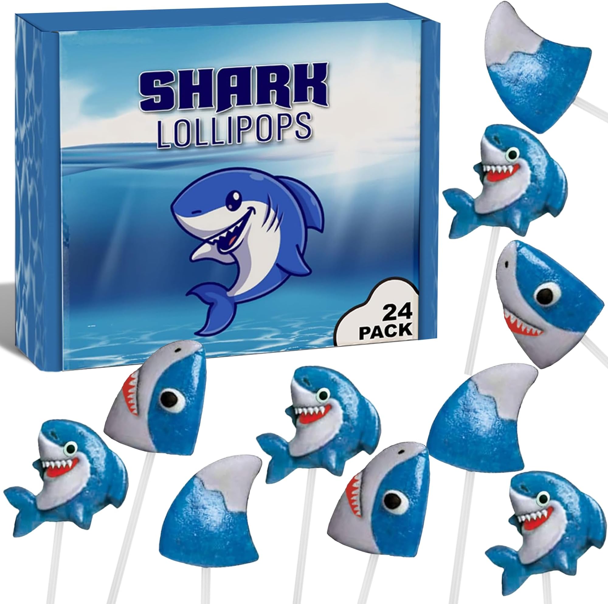 Shark Lollipops Bulk 24 Pack – Shark Shaped Candy Suckers Individually Wrapped – Baby Shark Theme – Ocean Under the Sea Party Favors – Birthday Treats for Kids Goodie Bags