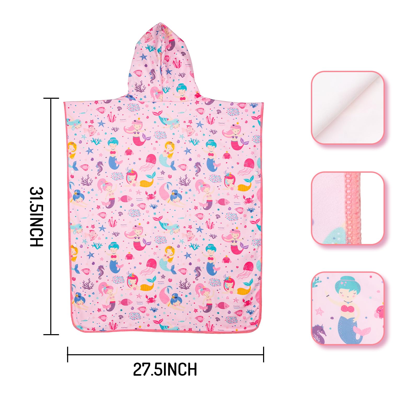 Poncho De Bain Enfant Microfibre - Sirène, 80x70cm | Séchage Rapide, Capuche, Idéal Plage/piscine