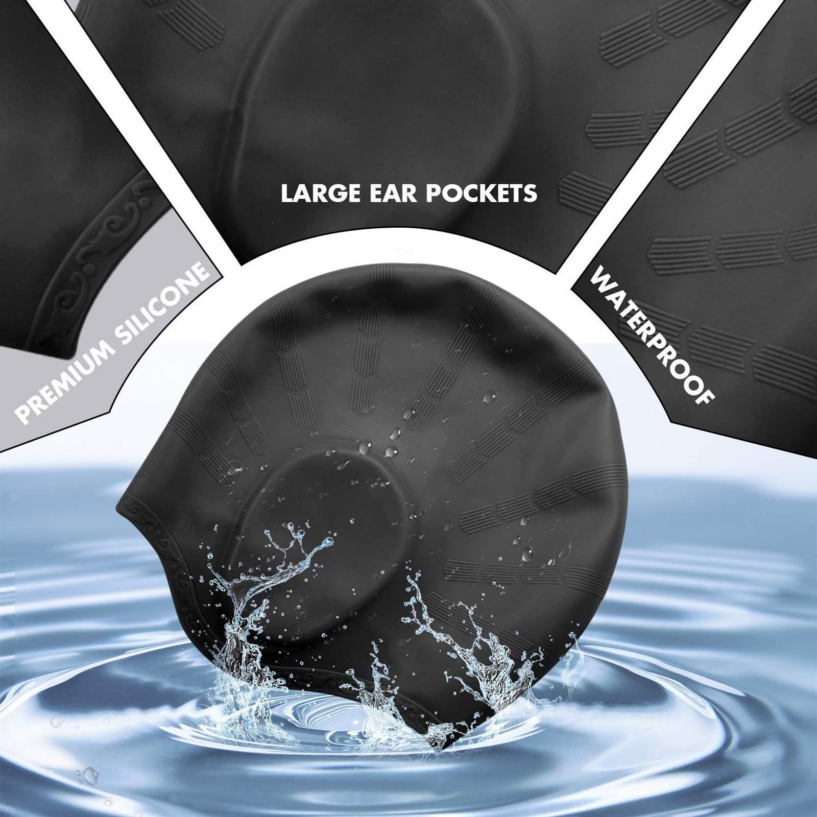 Bonnet de natation pour adultes - Haute élasticité - Pour homme et femme - Imperméable - Protège les oreilles - Cheveux longs - Grand chapeau de plongée en silicone (gris)